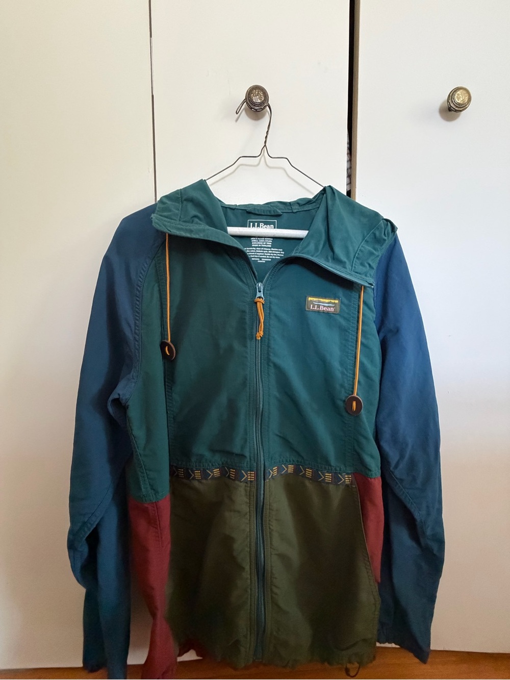 L.L. Bean Teal, Navy & Olive Colorblock Hooded Jacket with Rust Accents